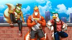 anthro building city clothed clothing feathers fur green_body green_fur group hair male simple_background sky smoking wall_(structure) ollie_rabbit nintendo pokemon anatid anseriform avian bird crocodilian felid feline fuecoco generation_9_pokemon mammal pokemon_(species) quaxly reptile scalie sprigatito absurd_res digital_media_(artwork) hi_res