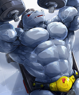 abs anthro belt bench_press biceps big_muscles bodily_fluids bulge clothed clothing dumbbell exercise huge_muscles male muscular muscular_anthro muscular_male obliques pecs red_eyes smile solo speedo sweat swimwear topless triceps vein veiny_muscles weightlifting weights workout waddledox nintendo pokemon generation_1_pokemon machoke pokemon_(species) 2020 absurd_res digital_media_(artwork) hi_res