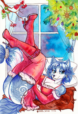 anthro armwear black_nose blue_body blue_fur blue_hair boots breasts butt clothing elbow_gloves female footwear fur gloves hair handwear high_heeled_boots high_heels holidays legs_up legwear markings multicolored_body multicolored_fur shoes smile solo tail thigh_highs tribal tribal_markings two_tone_body two_tone_fur white_body white_fur amber_wind christmas nintendo star_fox krystal_(star_fox) canid canine fox mammal hi_res