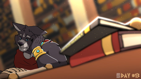 anthro armlet black_nose blue_eyes blurred_foreground book bracelet brooch clothed clothed_anthro clothed_male clothing depth_of_field dutch_angle fur furniture grey_body grey_fur hand_on_head jewelry library light light_beam male male_anthro reading sad scroll solo sunbeam sunlight table text soradezwolfox adastra adastra_(series) echo_project amicus_(adastra) canid canine canis mammal wolf 16:9 2024 digital_drawing_(artwork) digital_media_(artwork) english_text hi_res shaded soft_shading widescreen