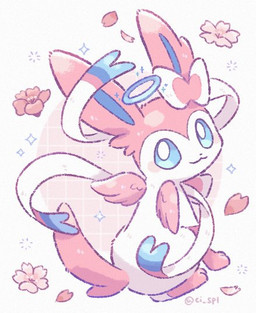 :3 ambiguous_gender blue_eyes blush bow_(anatomy) feathered_wings feathers feral flower fur halo looking_at_viewer looking_back paws pink_body pink_feathers pink_fur plant ribbons_(anatomy) simple_background sitting solo sparkles tail white_body white_fur wings ci_spl nintendo pokemon angel eeveelution generation_6_pokemon pokemon_(species) sylveon 2026 signature