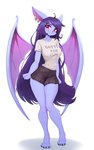 anthro bat_wings big_breasts bottomwear breasts clothed clothing cocked_hip ear_piercing ear_ring female front_view fully_clothed fur hair legs_together long_hair membrane_(anatomy) membranous_wings miniskirt piercing pleated_skirt purple_body purple_fur purple_hair red_eyes ring_piercing shirt simple_background skirt slim smile solo standing t-shirt topwear white_background wings yorzis acrystra bat mammal absurd_res hi_res