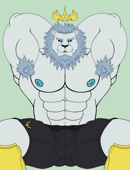 anthro argentina big_moobs big_muscles big_pecs black_bottomwear black_clothing black_shorts bottomwear bulge clothing crown football_pants football_player football_uniform headgear male moobs muscular no_shirt pecs shorts solo world_cup ches96 epic_games fortnite lionel_messi felid humanoid lion mammal pantherine absurd_res hi_res