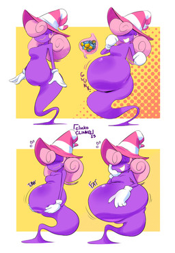 belly belly_expansion belly_poke big_belly bloated blush blush_lines bodily_fluids breasts clothing embarrassed expansion featureless_breasts female food gloves hair hair_over_eyes hand_on_cheek hand_on_own_belly handwear hat headgear headwear holding_belly holding_own_belly honey_(food) internal legless lips looking_at_own_belly mostly_nude nervous obscured_eyes onomatopoeia organs overweight overweight_female overweight_humanoid pink_hair purple_body simple_background small_breasts solo sound_effects split_form stomach stuffing sweat sweatdrop text three-quarter_view wavy_mouth weight_conscious weight_gain white_clothing white_gloves white_handwear witch_hat yellow_background yellow_lips clinkoclinko mario_bros nintendo paper_mario vivian_(mario) ghost humanoid shadow_siren spirit 2023 absurd_res digital_media_(artwork) english_text hi_res sequence signature