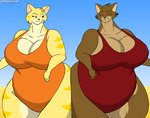 beach breasts cleavage clothed clothing duo female female/female morbidly_obese morbidly_obese_female obese obese_female overweight overweight_female seaside small_arm small_head smile swimwear chrisandcompany domestic_cat felid feline felis mammal