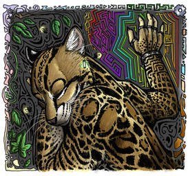 abstract_background anthro bracelet ear_piercing ear_ring eyes_closed female glowstick jewelry leaf leaning pattern_background piercing ring_piercing simple_background solo spots whiskers gloria_higginbottom twapa felid feline leopardus mammal ocelot 2003 colorful_theme