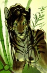 anthro bamboo bamboo_tree black_hair breasts female green_eyes hair long_hair looking_at_viewer nipples plant solo stripes tree catwarrior_(artist) felid mammal pantherine tiger green_theme