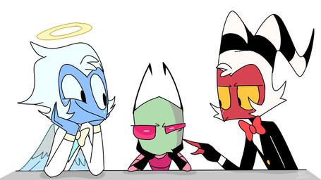 antennae_(anatomy) back_wings blue_body blue_feathers blue_skin bow_tie clothing feathered_wings feathers fingerless_gloves freckled_face freckles gloves group hair halo handwear horn jacket male pink_eyes poking poking_cheek red_body red_skin smile suit topwear trio white_hair wings yellow_eyes emositecc hellaverse helluva_boss invader_zim nickelodeon moxxie_(helluva_boss) zim_(invader_zim) alien angel angel_humanoid demon demon_humanoid humanoid imp irken 16:9 colored crossover hi_res widescreen