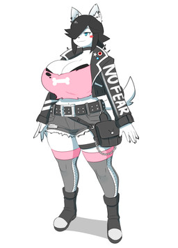 5_fingers anthro belt big_breasts black_hair black_nose blue_eyes blush blush_stickers boots bottomwear bra bra_peek breasts claws cleavage clothed clothing denim denim_bottomwear denim_clothing denim_shorts ear_piercing female fingers footwear fully_clothed hair hair_over_eye inner_ear_fluff jacket legwear midriff navel one_eye_obstructed piercing shirt shoes short_hair shorts simple_background smile solo standing text text_on_clothing text_on_jacket text_on_topwear topwear torn_clothing tuft underwear white_background theycallhimcake maggie_applebee canid canine canis domestic_dog mammal 2020 absurd_res english_text hi_res