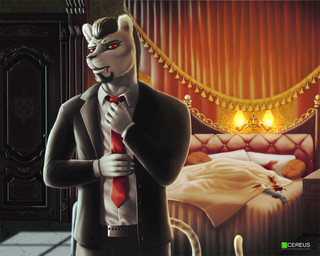 5_fingers anthro beard bed belt black_hair black_nose blood blood_on_face bodily_fluids bottomwear clothed clothing collared_shirt corpse death detailed_background door dress_shirt duo facial_hair fangs fingers fully_clothed fur furniture grey_body grey_fur hair inside jacket lamp looking_at_viewer male necktie on_bed pants pillow red_eyes shirt short_hair solo_focus standing suit teeth topwear under_covers white_body white_fur cereus93 felid mammal vampire 5:4 hi_res