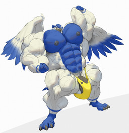 anthro balls big_balls big_muscles big_penis clothed clothing flexing genitals huge_muscles hyper hyper_muscles male muscular muscular_male penis simple_background solo thong thong_only topless underwear underwear_only ripped-saurian sova avian bird owl hi_res