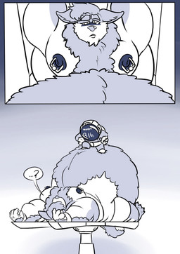 anthro belly belly_hair big_belly big_piercings body_hair bound duo furniture hands_tied huge_belly huge_piercing legs_tied male neck_tuft nipple_piercing nipple_ring nipples obese obese_anthro obese_male on_top on_top_of_belly overweight overweight_anthro overweight_male piercing question_mark ring_piercing spacesuit speech_bubble standing standing_on_belly strapped_to_a_table table tuft izzyfatcat buster_(izzyfatcat) alien canid canine canis mammal wolf 2016 comic hi_res
