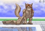 anthro balls biped braided_hair flaccid genitals hair male muscular muscular_anthro muscular_male nude penis pose solo tail text ginkaze zaush_(zaush) canid canine canis dingo mammal digital_media_(artwork)