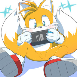 2_tails 5_fingers anthro black_nose blue_eyes blush blush_lines cheek_tuft clothing cosmic_background countershade_fur countershading electronics facial_tuft featureless_crotch fingers fluffy fluffy_tail footwear fur game_console gaming gloves handwear holding_console holding_nintendo_switch holding_object kemono male multi_tail multicolored_clothing multicolored_footwear multicolored_shoes nude on_ground playing_video_game red_clothing red_footwear red_shoes red_sneakers shoes simple_background sitting sitting_on_ground smile sneakers solo star starry_background switch_console switch_logo tail tuft two_tone_clothing two_tone_footwear two_tone_shoes white_background white_body white_clothing white_countershading white_footwear white_fur white_gloves white_handwear white_shoes yellow_body yellow_fur young young_anthro young_male kemoizumi nintendo nintendo_switch sega sonic_the_hedgehog_(series) miles_prower canid canine fox mammal 1:1 2025 cel_shading digital_drawing_(artwork) digital_media_(artwork) hi_res japanese_description shaded