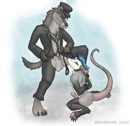 anthro balls bdsm bondage bound clothed clothing collar duo fur genitals hair leash leash_pull leashed_collar male male/male nude penis restraints simple_background tail brushfire kalus american_opossum canid canine mammal marsupial virginia_opossum absurd_res hi_res