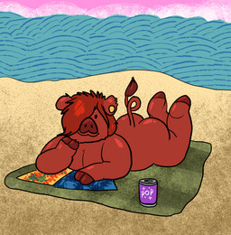 anthro beach beach_towel ear_piercing ear_tag hair male notched_ear nude piercing red_hair seaside solo towel billy_fore ody_(character) domestic_pig duroc_pig mammal suid suine sus_(pig) hi_res