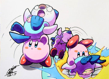 ambiguous_gender angry anthro blue_body blue_eyes blush blush_stickers duo empty_eyes fight freckled_face freckles motion_lines open_mouth paws pink_body simple_background tail tongue 025aki kirby_(series) nintendo pokemon kirby generation_5_pokemon oshawott pokemon_(species) waddling_head 2026 absurd_res dated hi_res signature