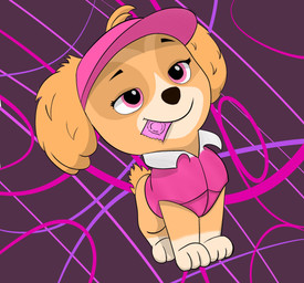 clothing condom female feral fur orange_body orange_fur pink_clothing sexual_barrier_device solo standing trackerpaw paw_patrol skye_(paw_patrol) canid canine canis cockapoo domestic_dog mammal mixed_breed absurd_res hi_res