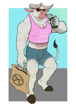 anthro beverage clothing drinking eyewear holding_bag hooves horn male muscular muscular_male pecs shirt simple_background solo sunglasses tank_top topwear venicethehedgehog european_mythology greek_mythology minotaur_hotel mythology asterion_(minotaur_hotel) bovid bovine mammal minotaur hi_res