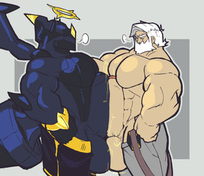 abs anthro balls balls_over_waistband barazoku beard big_balls big_beard big_muscles big_pecs big_penis black_body black_bottomwear black_clothing black_shorts bottomwear bracelet breath clothed clothing comparing comparing_penis directed_motion_outline directional_arrow duo eyebrows eyes_closed facial_hair foreskin frottage genitals glans grey_background grey_bottomwear grey_clothing grey_pants gym_leader hair halo horn huge_balls huge_penis jewelry male male/male manly motion_lines muscular muscular_anthro muscular_male pants pants_only pecs penile penis penises_touching sex shorts shorts_only simple_background suspenders tail thick_eyebrows topless topless_anthro topless_human topless_male white_beard white_eyes white_facial_hair white_hair zephyrchill nintendo pokemon drayden_(pokemon) zek_(zephyrchill) arceus generation_4_pokemon generation_5_pokemon human hybrid legendary_pokemon mammal pokemon_(species) zekrom absurd_res hi_res