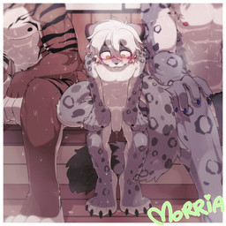 4_toes abs anthro athletic blush bodily_fluids bottomwear clothing feet flaccid foreskin front_view genitals group hair hands_on_legs hands_on_thighs head_down kemono loincloth male nervous nude penis sauna side_by_side sitting size_difference sweat toes trio unretracted_foreskin white_hair morria_a felid leopard mammal pantherine tiger 1:1 hi_res signature