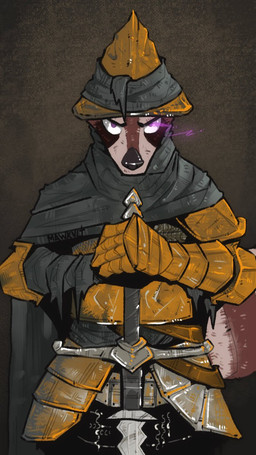 anthro armor armor_plates clothing gauntlets gloves glowing glowing_eyes handwear hat headgear headwear leaning_on_object leaning_on_sword looking_at_viewer male melee_weapon simple_background solo sword weapon wearing_hat mawkvlt 9:16 hi_res
