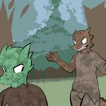 1:1 2014 anthro bottomwear brown_body brown_skin clothing digital_media_(artwork) dirty duo female fen_(lagotrope) green_body green_skin kobold lagotrope male outline outside pants plant pupils shirt slit_pupils story story_at_source story_in_description tgchan topwear tree white_eyes