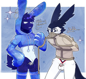 4_eyes annoyed anthro arms_tied bdsm blue_background bondage bound chastity_cage chastity_device clothing dominant dominant_in_chastity duo half-closed_eyes holding_object holding_rope hoodie long_ears male male/male multi_eye mutual_chastity narrowed_eyes no_pupils restrained restraints rope rope_pull simple_background sparkles speech_bubble standing star straitjacket submissive text tired topwear obedientmirelle cosmic lagomorph leporid mammal rabbit hi_res