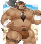 anthro belly big_belly bulge clothing humanoid_hands kemono male mature_male moobs musclegut muscular navel nipples overweight overweight_male solo underwear weapon nisikemo mammal suid suina sus_(pig) wild_boar 2023 absurd_res hi_res