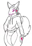 ambiguous_gender anthro big_tail clothed clothing eyebrows fluffy fluffy_tail hair heart_symbol hoodie machine pink_heart purple_eyebrows purple_eyes purple_mouth purple_nose screen screen_face simple_background smile solo tail text thick_thighs topwear white_background soultheprotogen soul_(soultheprotogen) protogen 2024 colored digital_drawing_(artwork) digital_media_(artwork) hi_res signature sketch