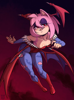 anthro bedroom_eyes breasts claws clothing fangs female flashing flashing_breasts head_wings holidays looking_at_viewer membrane_(anatomy) membranous_wings narrowed_eyes nipple_outline red_eyes seductive small_breasts solo teeth thick_thighs torn_clothing unusual_wing_placement wings jarp-art capcom darkstalkers halloween sega sonic_the_hedgehog_(series) amy_rose lilith_aensland eulipotyphlan hedgehog mammal absurd_res hi_res