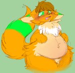 anthro belly blush featureless_crotch fluffy fur green_eyes green_markings hair holding_belly male markings null open_mouth orange_body orange_fur overweight overweight_male pear-shaped_figure simple_background solo tail thick_thighs wide_hips h3llvixn canid canine fox mammal digital_media_(artwork)