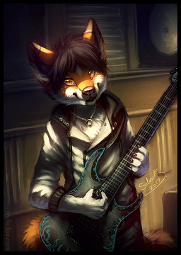 anthro black_border black_bottomwear black_clothing black_hair black_nose black_pants border bottomwear cheek_tuft clothed clothing electric_guitar facial_tuft front_view fur glistening glistening_eyes guitar hair holding_guitar holding_musical_instrument holding_object inside jewelry male musical_instrument necklace orange_body orange_eyes orange_fur pants playing_guitar playing_music plucked_string_instrument smile solo standing string_instrument topwear tuft white_body white_clothing white_fur white_topwear mylafox canid canine fox mammal 2017 dated portrait signature three-quarter_portrait