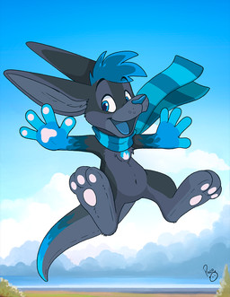 anthro blue_eyes blue_hair blue_scarf blue_sky blue_tongue cloud featureless_crotch front_view fur glistening glistening_eyes grey_body grey_fur hair logo looking_at_viewer male navel nude open_mouth open_smile outside pawpads pink_pawpads scarf short_hair sky smile solo tongue young young_anthro young_male pandapaco kangaroo macropod mammal marsupial artist_logo hi_res signature