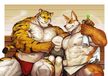 ambiguous_gender anthro areola biped blue_eyes blush brown_body brown_fur candy chest_scar claws clothed clothing dessert eyes_closed facial_scar finger_claws food fur grey_clothing grey_shirt grey_topwear grin group holding_candy holding_food holding_lollipop holding_object holding_towel lollipop looking_at_another male mouth_scar muscular muscular_anthro muscular_male navel nipples orange_body orange_fur pecs red_clothing red_underwear sandwiched scar shirt sitting smile striped_body striped_fur stripes teasing topless topwear towel underwear vein white_body white_fur traver009 anon harold_(traver009) canid canine canis domestic_dog felid mammal pantherine tiger absurd_res hi_res