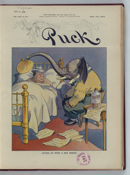 anthro bed bed_frame bed_sheet bedding bedside_table biped black_clothing black_footwear black_shoes bottle bow_tie brown_hair chair clothing container cork dress_shoes duo facial_hair fanning footwear furniture hair holding_fan ice_bag ill label lying male mustache pajamas paper pattern_clothing pattern_shirt pattern_topwear pillow political_cartoon politics shirt shoes sitting small_eyes striped_clothing striped_shirt striped_topwear stripes table text tonic_water topwear tusks under_covers yellow_clothing yellow_shirt yellow_topwear louis_glackens public_domain puck_(magazine) republican_party_(usa) republican_elephant william_howard_taft elephant elephantid human mammal proboscidean 1912 20th_century absurd_res ancient_art english_text hi_res traditional_media_(artwork)