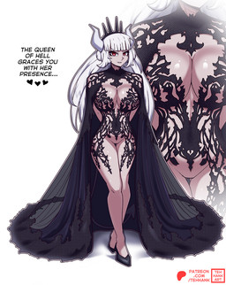 biped breasts clothed clothing featureless_crotch female footwear front_view hair horn looking_at_viewer pupils shoes simple_background skimpy smile solo text thick_thighs wide_hips tehhank helltaker lucifer_(helltaker) horned_humanoid humanoid hi_res