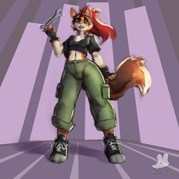 abstract_background anthro biped black_clothing black_shirt black_topwear bottomwear clothing eyewear eyewear_on_head female fingerless_gloves footwear gloves goggles goggles_on_head green_bottomwear green_clothing green_eyes green_pants hair handwear holding_object holding_tool holding_wrench logo long_hair low-angle_view midriff navel pants red_hair shirt shoelaces shoes solo standing tail text tools topwear wrench pecivalrat mia_(hanymelon) felid feline mammal 1:1 2025 absurd_res artist_logo artist_name digital_media_(artwork) digital_painting_(artwork) full-length_portrait hi_res painting_(artwork) portrait shaded