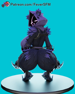 anthro big_breasts big_butt breasts butt claws clothing crouching eye_scar facial_scar female female_anthro fingers gloves handwear purple_body purple_hood scar solo text feversfm epic_games fortnite raven_team_leader bear mammal 2024 3d_(artwork) digital_media_(artwork) hi_res url