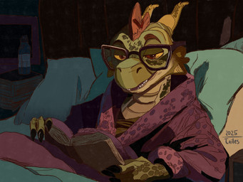 anthro bed book bottle clothing container eyewear furniture glasses horn looking_at_viewer male male_anthro markings open_book pillow robe scale_markings scales smile smiling_at_viewer solo ventral_scales wearing_glasses yellow_eyes tailesart mythology dragon lizard mythological_creature mythological_scalie reptile scalie 2025 english_description hi_res