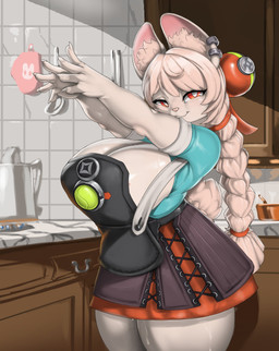 anthro big_breasts biped bodily_fluids braided_hair breasts clothed clothing detailed_background female glistening glistening_body hair huge_breasts inside kitchen looking_at_viewer pupils red_eyes smile solo sweat sweaty_breasts thick_thighs white_body white_hair hamili mihoyo zenless_zone_zero zhao_(zenless_zone_zero) lagomorph leporid mammal rabbit thiren absurd_res hi_res