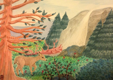 ambiguous_feral ambiguous_gender beady_eyes black_ears brown_body brown_fur feral flower fur leaf nature nature_background plant side_view solo standing tail tree waterfall white_inner_ear young young_ambiguous young_feral puku83 deer mammal 2016 painting_(artwork) traditional_media_(artwork) watercolor_(artwork)