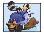 anthro blonde_hair blue_background blue_clothing blue_sweater blue_topwear brown_body brown_eyes brown_fur butt_flap clean_diaper clothed clothing diaper diaper_sniffing dominant dominant_male duo fur green_clothing green_eyes green_shirt green_topwear grey_body grey_fur hair holding_object holding_sex_toy male male/male male_on_bottom male_on_top multicolored_body multicolored_fur on_bottom on_top overalls sex sex_toy shirt simple_background sniffing submissive submissive_male sweater topwear toying_partner vibrator vibrator_on_diaper wand_vibrator wearing_diaper cookiebandit canid canine canis domestic_dog mammal procyonid raccoon 2024 colored hi_res