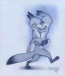 2017 absurd_res anthro canid canine carrying_another disney dubstepina duo eye_contact female flat_chested fox fur hi_res judy_hopps lagomorph leporid looking_at_another male mammal monochrome nick_wilde nude rabbit red_fox romantic romantic_ambiance romantic_couple signature simple_background smile true_fox zootopia
