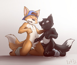 anthro backwards_baseball_cap backwards_hat balls barefoot baseball_cap black_balls black_body black_fur blush bodily_fluids brown_eyes brown_hair clothed clothing cum cum_on_ground cum_on_leg cum_on_partner cumshot dipstick_tail duo ejaculation erection eye_contact eyes_closed feet foreskin fur furgonomic_headwear furgonomics genital_fluids genitals glans hair hair_through_hat hand_on_shoulder handjob hat headgear headwear humanoid_genitalia humanoid_penis kneeling looking_at_another male male/male markings mostly_nude multicolored_body multicolored_fur navel nude orange_body orange_fur orgasm partially_clothed partially_retracted_foreskin penile penis scrunchy_face sex shota smile tail tail_markings underwear underwear_down white_balls white_body white_fur young young_anthro young_male young_on_young iztli canid canine fox mammal 2017 dated hi_res lol_comments signature