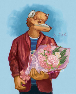 anthro blonde_hair bottomwear clothing ears_up flower hair holding_flower holding_object jacket looking_aside male pants plant red_clothing red_jacket red_topwear shirt smile solo topwear reynard_goodfellow absurd_res hi_res
