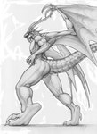 absurd_res anthro bahamut biceps butt butt_focus claws digitigrade dragon european_mythology final_fantasy final_fantasy_ix hi_res horn looking_back low-angle_view male monochrome muscular muscular_male mythological_creature mythological_scalie mythology nude pecs rollwulf scalie solo square_enix tail western_dragon wings