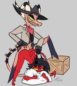 black_hair butt clothed clothing doggystyle duo female female_penetrated from_behind_position hair hat headgear headwear horn male male/female male_penetrating male_penetrating_female muscular muscular_male nude open_mouth open_smile partially_clothed penetration red_body sex simple_background smile tail thick_thighs kojot hellaverse helluva_boss millie_(helluva_boss) striker_(helluva_boss) demon demon_humanoid humanoid imp hi_res
