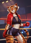 2024 abs anthro athletic athletic_anthro athletic_female black_nose black_stripes bottomwear boxing_gloves breasts cleavage clothed clothing cocked_hip digital_media_(artwork) dolphin_shorts dreamworks felid female fighting_ring fur hacatiko handwear hi_res high_waisted_bottomwear jacket kung_fu_panda looking_at_viewer mammal master_tigress medium_breasts midriff multicolored_body multicolored_fur navel orange_body orange_fur pantherine shorts slim smile smiling_at_viewer solo spread_legs spreading striped_body striped_fur stripes tail tiger topwear two_tone_body two_tone_fur white_body white_fur