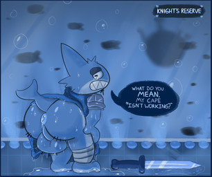 anthro anus armor balls bent_over big_butt blue_body blue_border bodily_fluids border bubble butt cape clothing detailed_background dialogue facial_hair genitals goatee hand_on_leg hand_on_own_leg hand_on_own_thigh hand_on_thigh holding_leg holding_thigh knight lights looking_back male melee_weapon pauldron presenting presenting_hindquarters solo speech_bubble sweat sweaty_anus sweaty_balls sweaty_genitalia sword teeth text underwater wardrobe_malfunction warrior water weapon koalarobot_(artist) inktober aquatic fish shark 2020 digital_drawing_(artwork) digital_media_(artwork) english_text hi_res story story_in_description